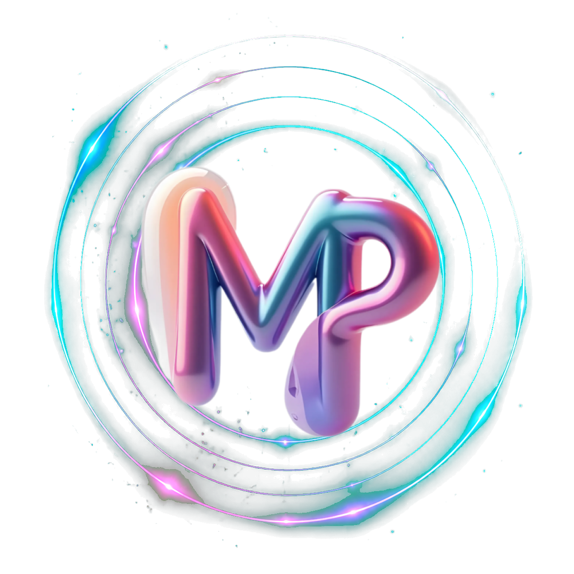 Logo-ul tridimensional MP Web Studio cu cercuri orbitale luminoase